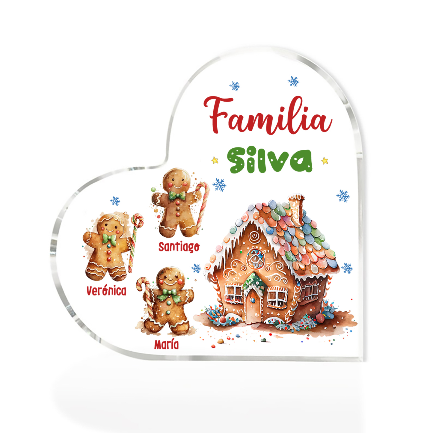 Navidad - Placa de acrílico en forma de corazón jengibres y su casa con 3 nombres y 1 texto personalizados-Jessemade ES