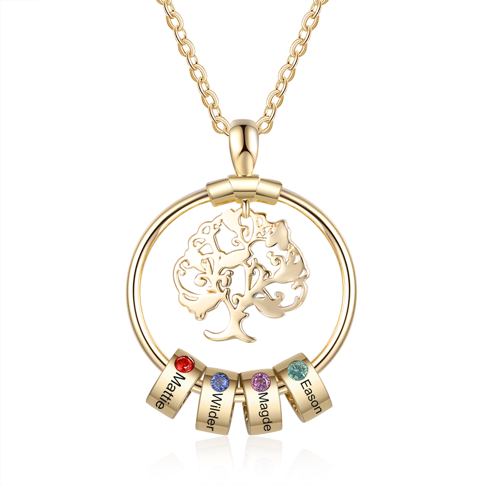 Collar con 1-5 círculos 1-5 piedras de nacimiento y nombres colgante de árbol de la vida oro-Jessemade ES