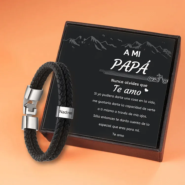 A MI PAPÁ-Pulsera de cuero trenzado 2 aros con 2 nombres personalizados pulsera de hombre 
