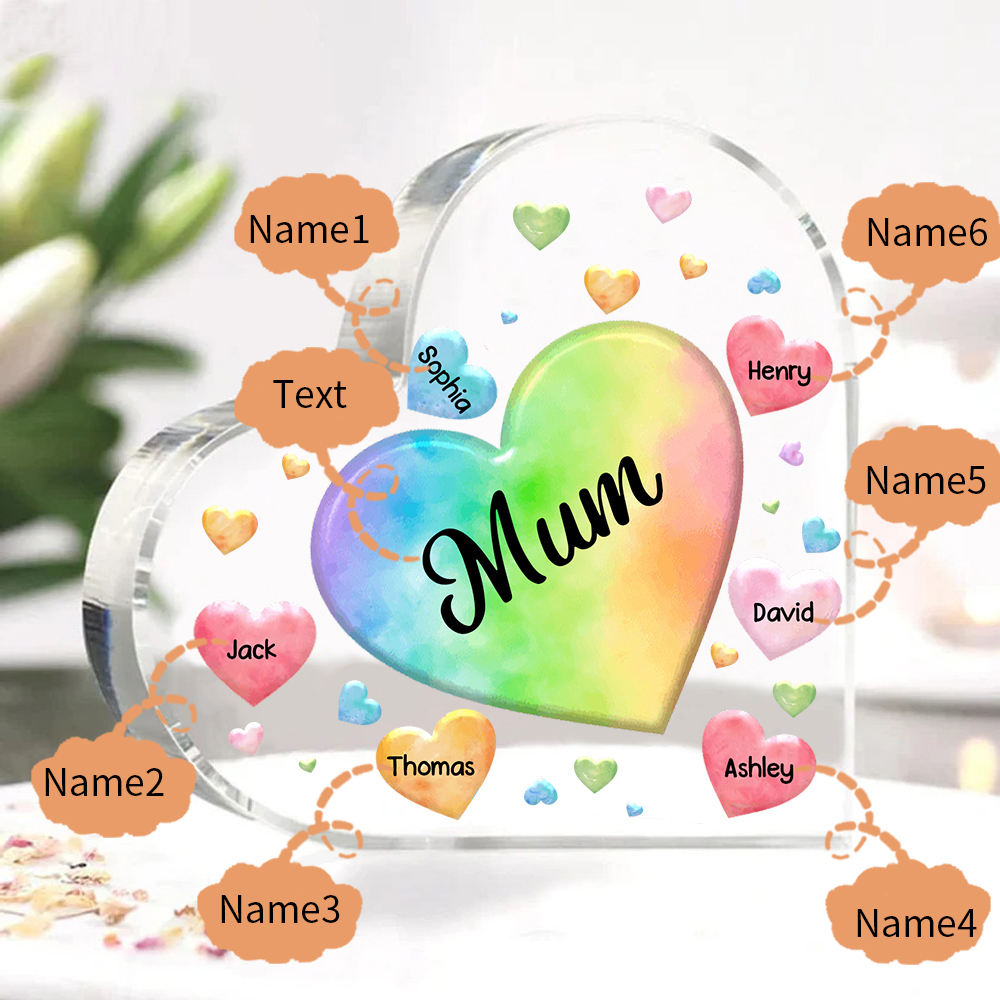 A mi mamá/abuela-Placa de acrílico "Corazones" en forma de corazón 6 nombres y 1 texto personalizados-Jessemade ES