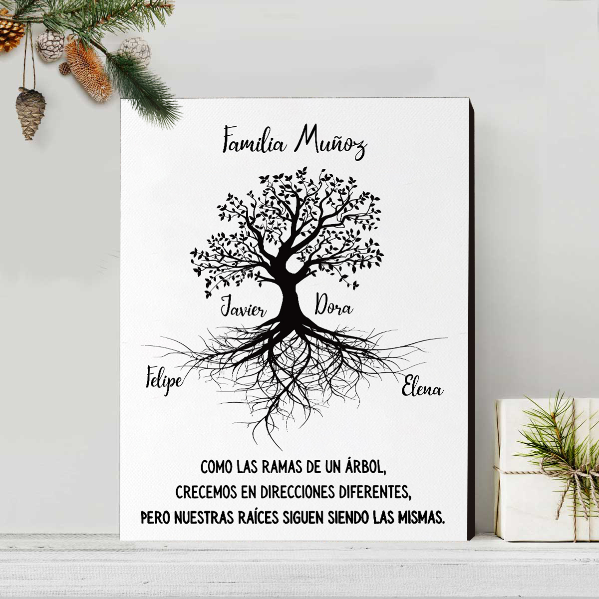 A mi familia-Lámina marco de madera Árbol de la Vida 1 texto y 4 nombres personalizados-Jessemade ES