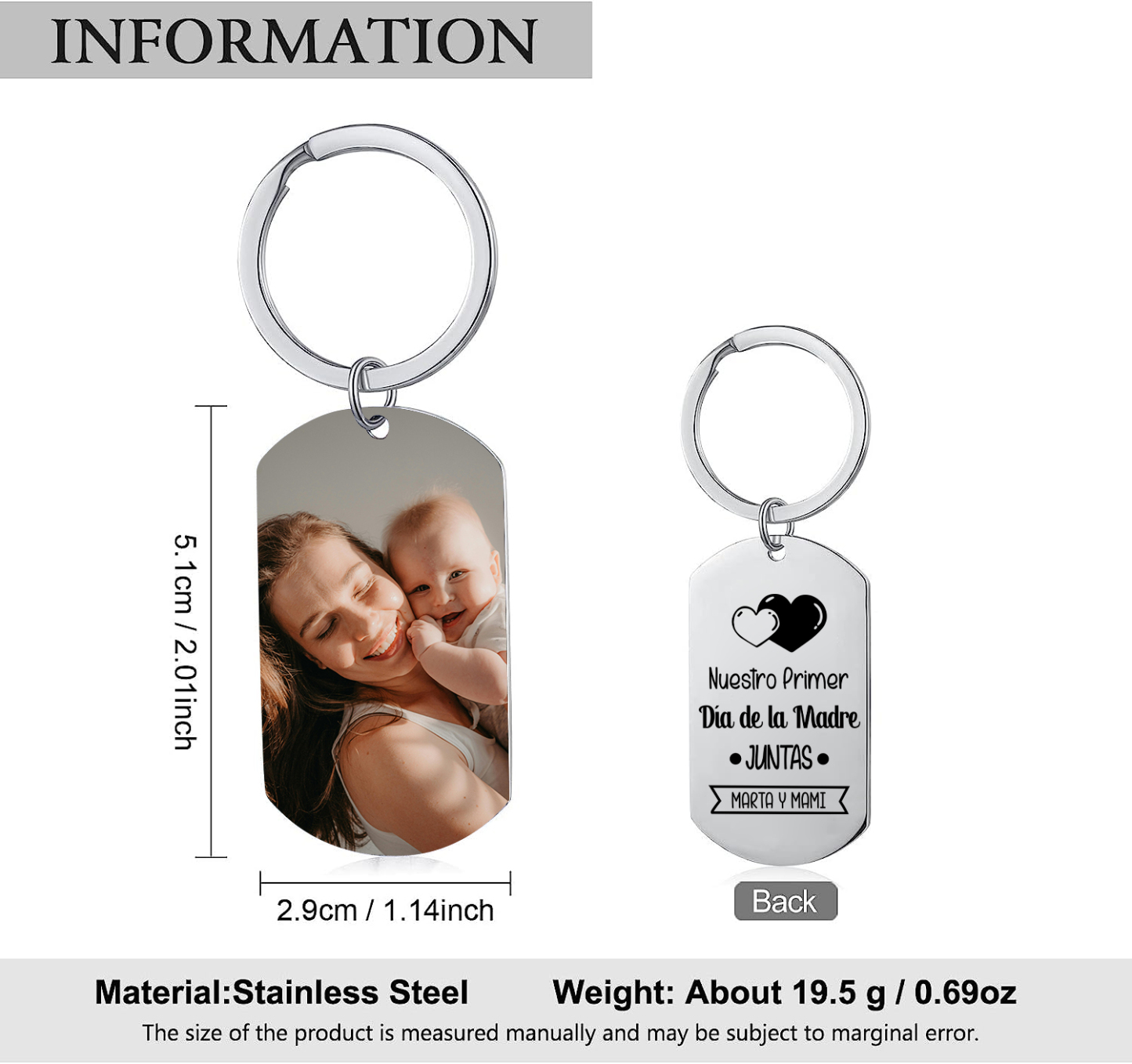 Primer Día de la Madre - Llavero 1 Texto y 1 Foto Personalizados-Jessemade ES