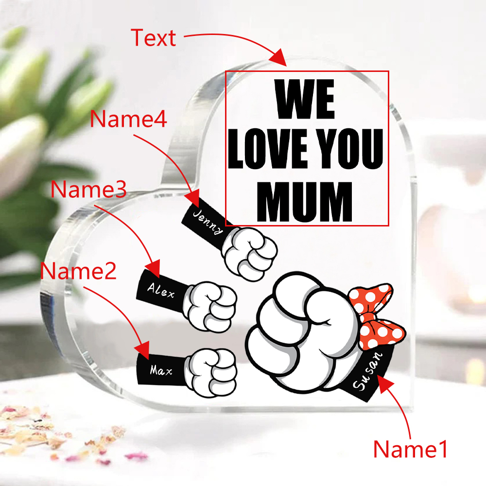A mi mamá/abuela-Placa de acrílico "Puños" en forma de corazón 4 nombres y 1 texto personalizados-Jessemade ES