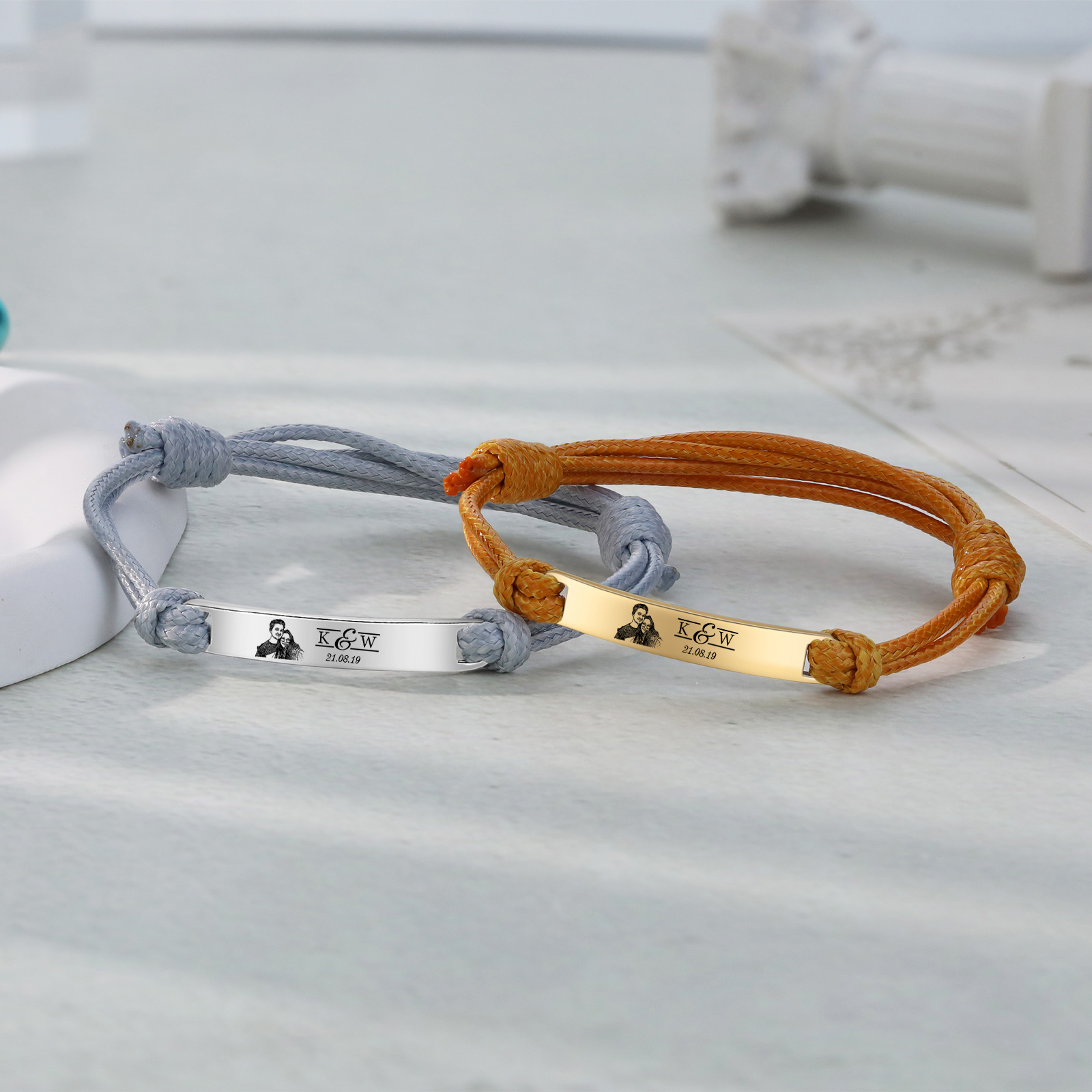 Pulseras de cuerda con placa personalizada con 2 letras, fecha y foto-Jessemade ES