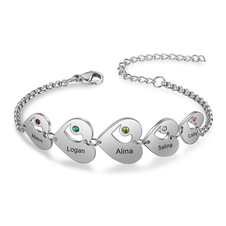 Pulsera de corazón personalizada con 5 nombres y 5 piedras de nacimiento-Jessemade ES