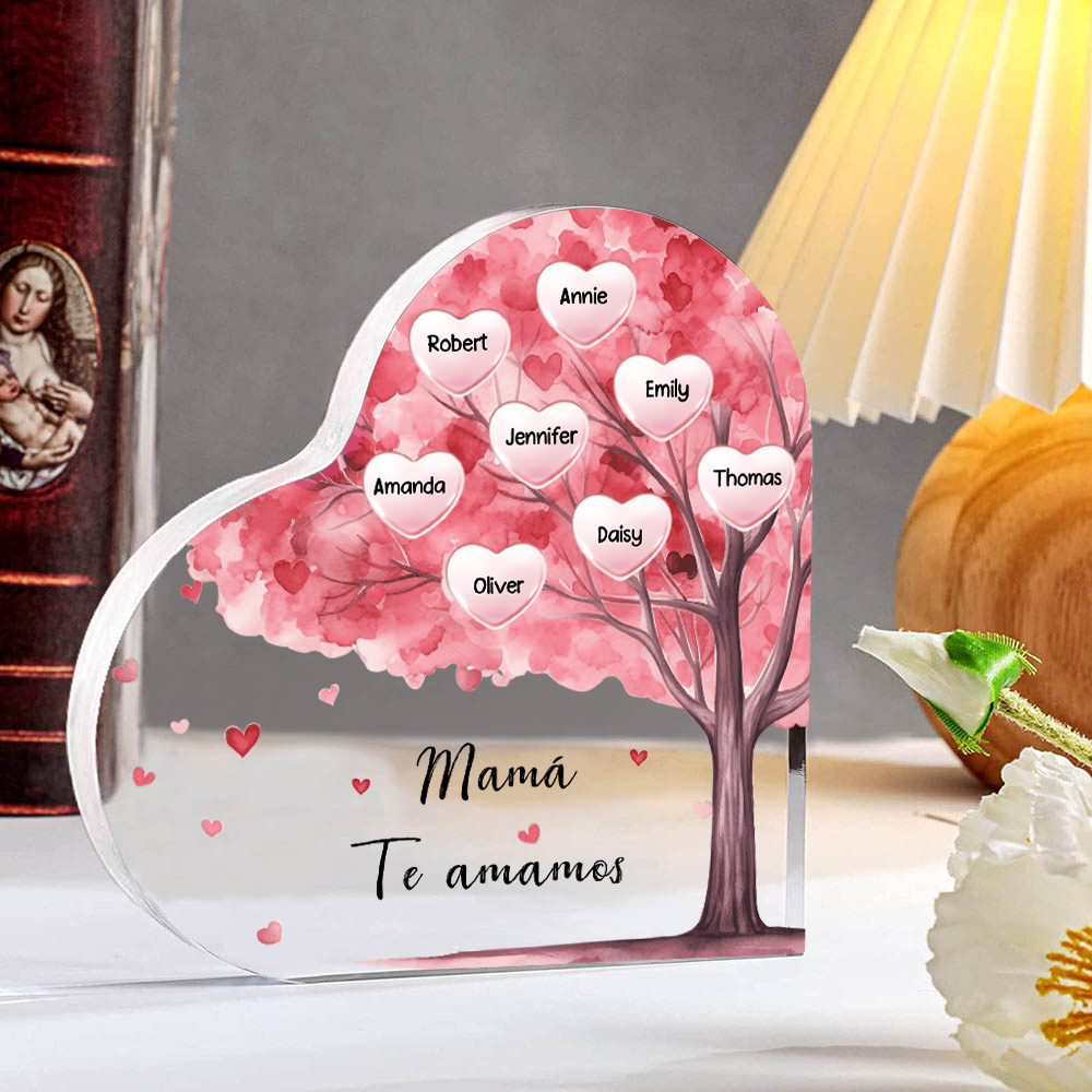 A mi mamá/abuela-Placa de acrílico "Árbol" en forma de corazón 8 nombres y 1 texto personalizados-Jessemade ES