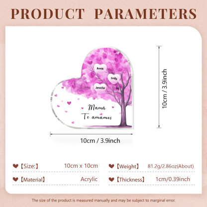 A mi mamá/abuela-Placa de acrílico "Árbol" en forma de corazón 3 nombres y 1 texto personalizados-Jessemade ES