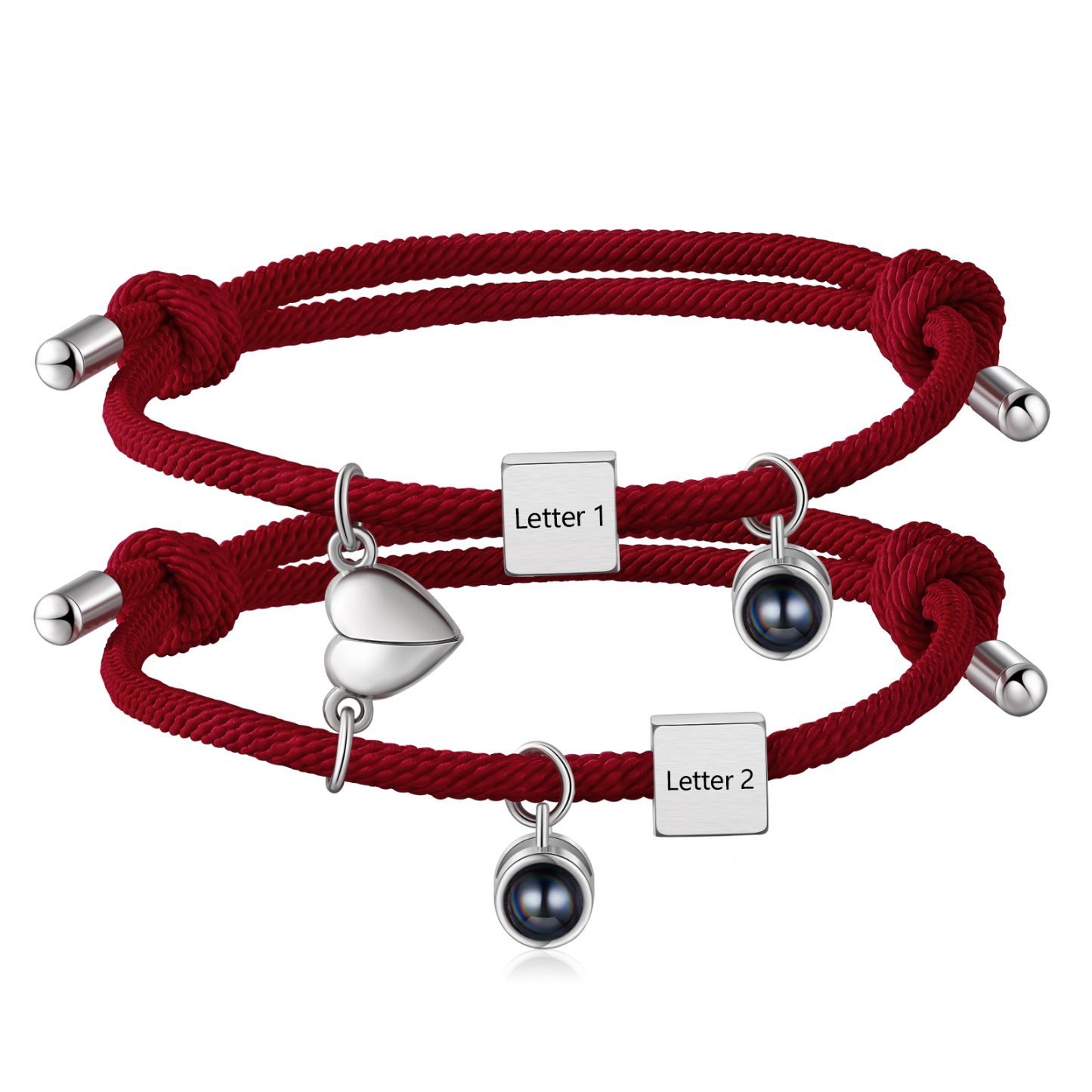 Pulsera de cuerda para pareja personalizada con 2 letras con proyección de foto y dije de corazón magnético-Jessemade ES