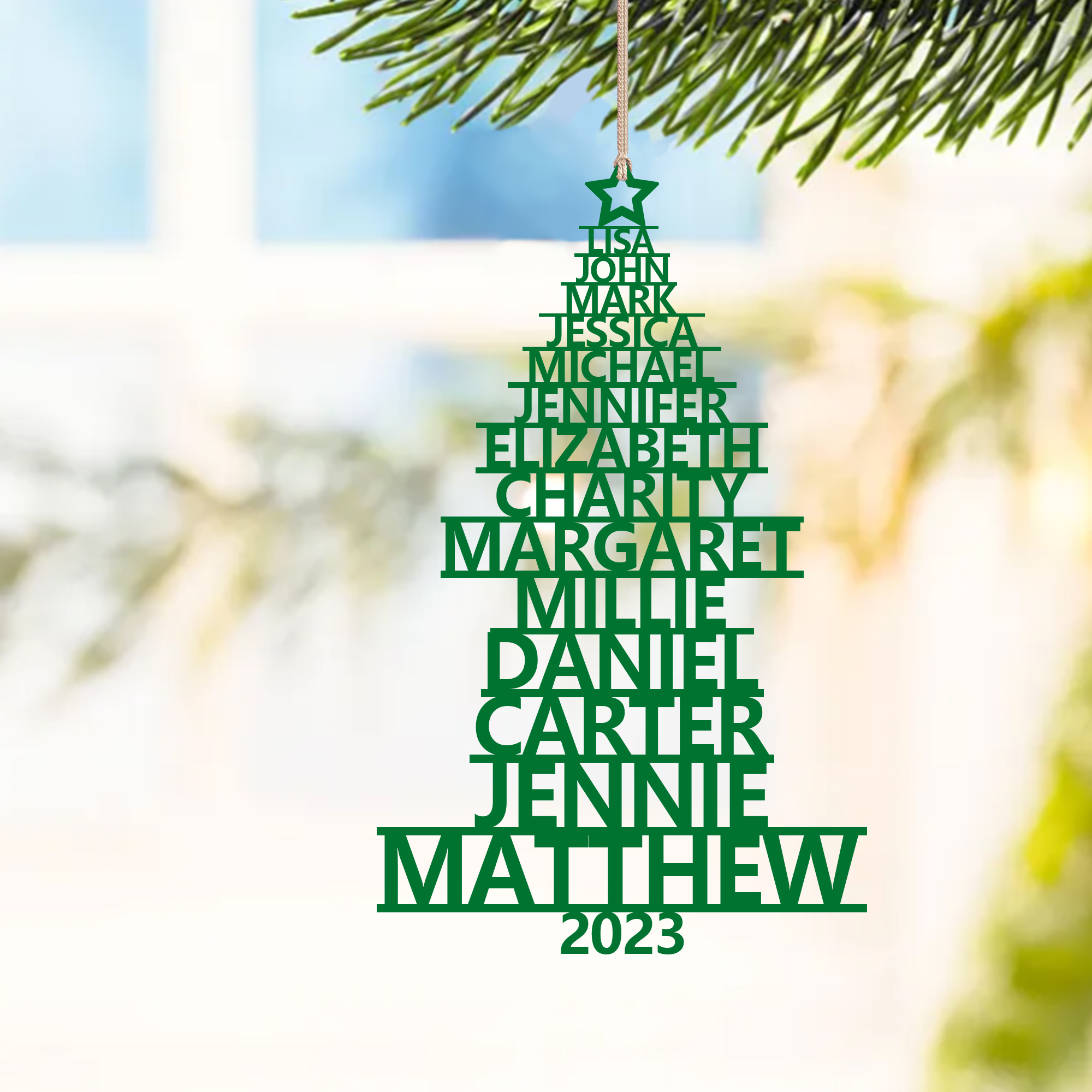 Navidad-Ornamento navideño de madera árbol de nombres con 14 nombres y año personalizados