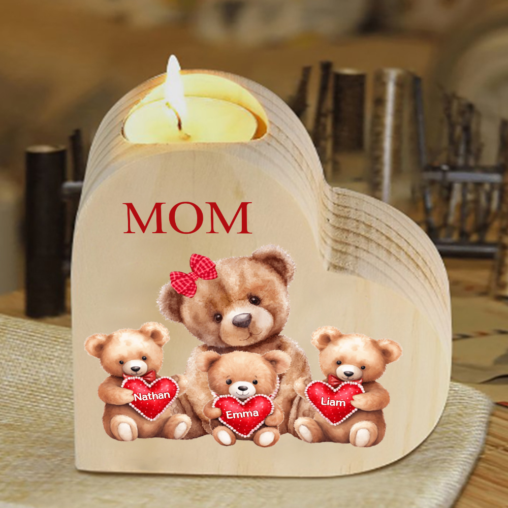 A mi mamá/abuela-Candelero osos 1-6 nombres y 1 texto personalizados en forma de corazón de madera sin candela-Jessemade ES