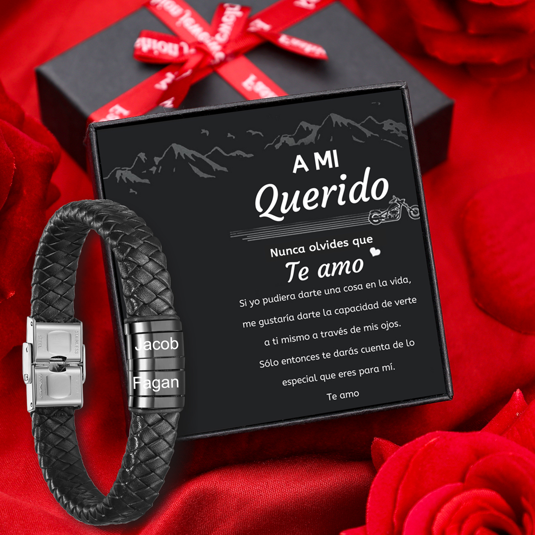 A mi querido-Pulsera de cuero trenzado de hombre con 2 perlas personalizadas con 2 nombres-Jessemade ES