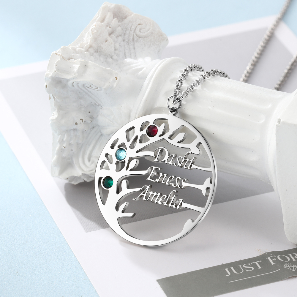 Collar de plata 925 Árbol de la Vida Árbol Genealógico 3 nombres y 3 piedras de nacimiento-Jessemade ES