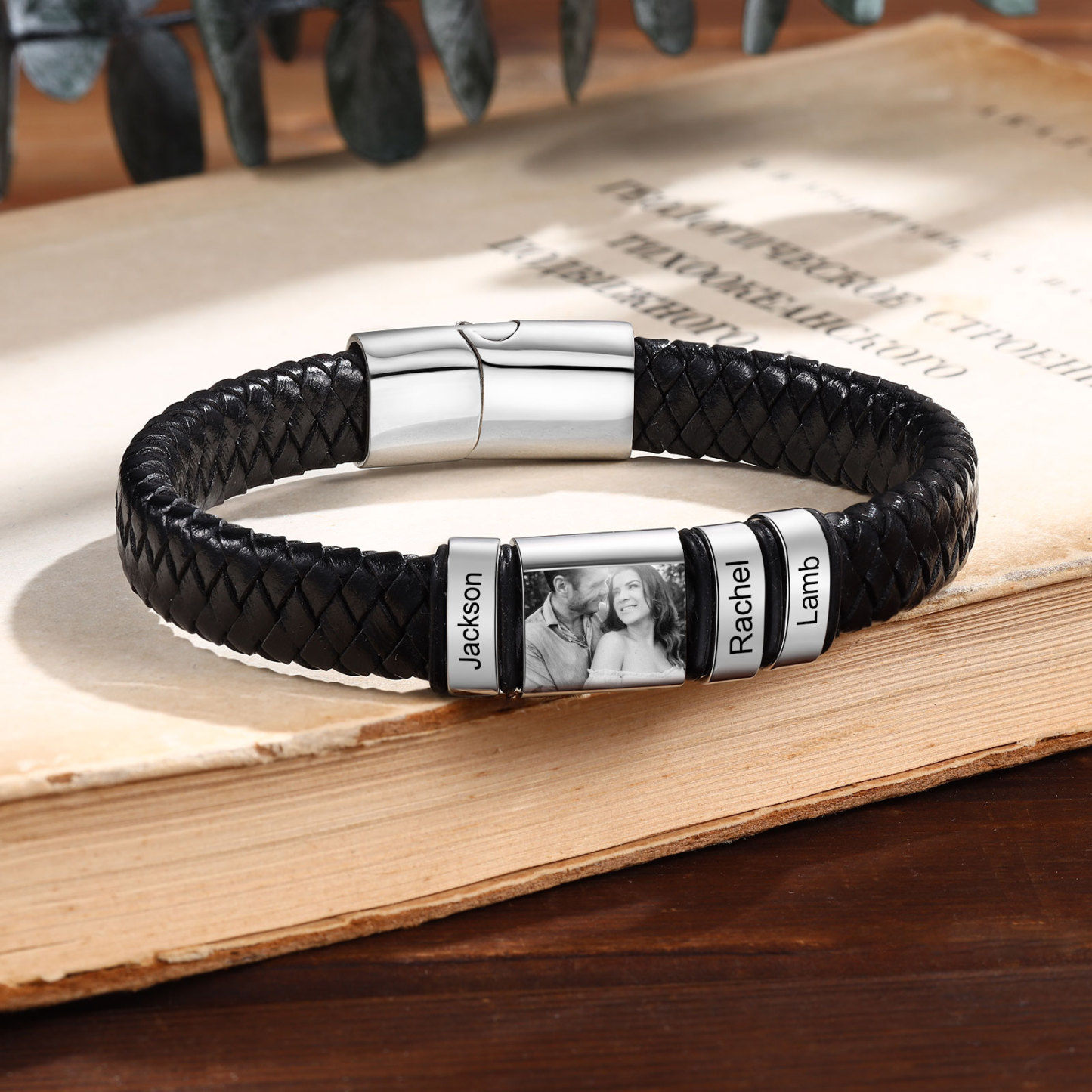 Pulsera de Cueros Trenzados Aros Personalizados de 2-5 Nombres y Placa de Foto-Jessemade ES