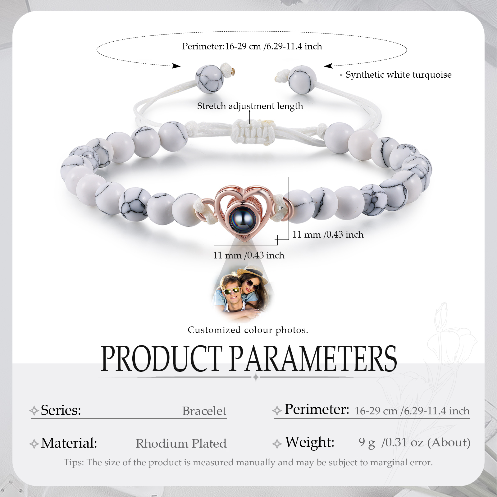 Pulsera de turquesa blanca sintética con proyección de foto en color con dije de corazón pulsera ajustable-Jessemade ES