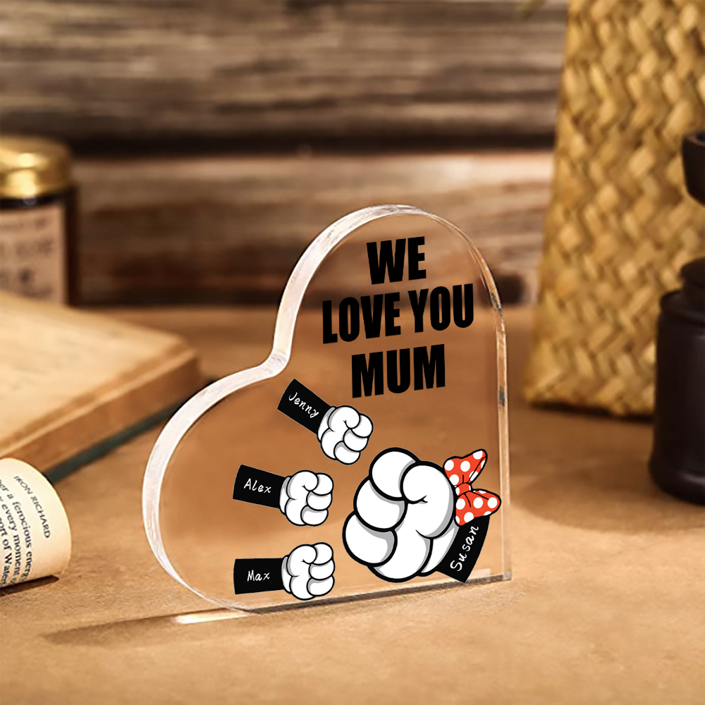 A mi mamá/abuela-Placa de acrílico "Puños" en forma de corazón 4 nombres y 1 texto personalizados-Jessemade ES