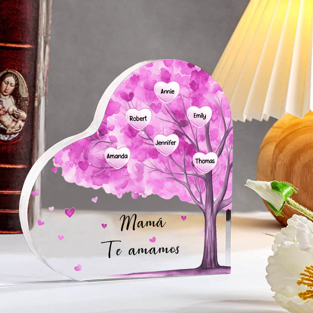 A mi mamá/abuela-Placa de acrílico "Árbol" en forma de corazón 6 nombres y 1 texto personalizados-Jessemade ES