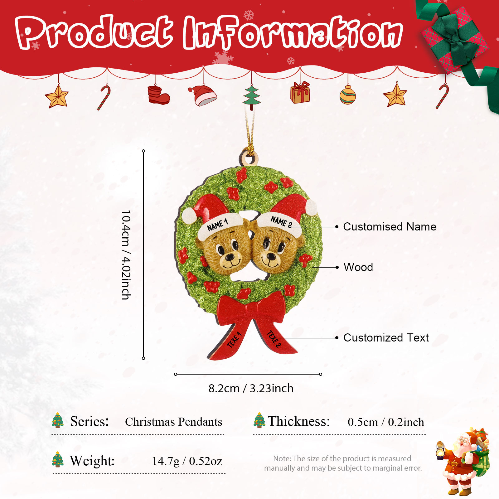 Navidad-Ornamentos Navideños de Madera Guirnalda y osos 2 Nombres con 2 Textos Personalizados