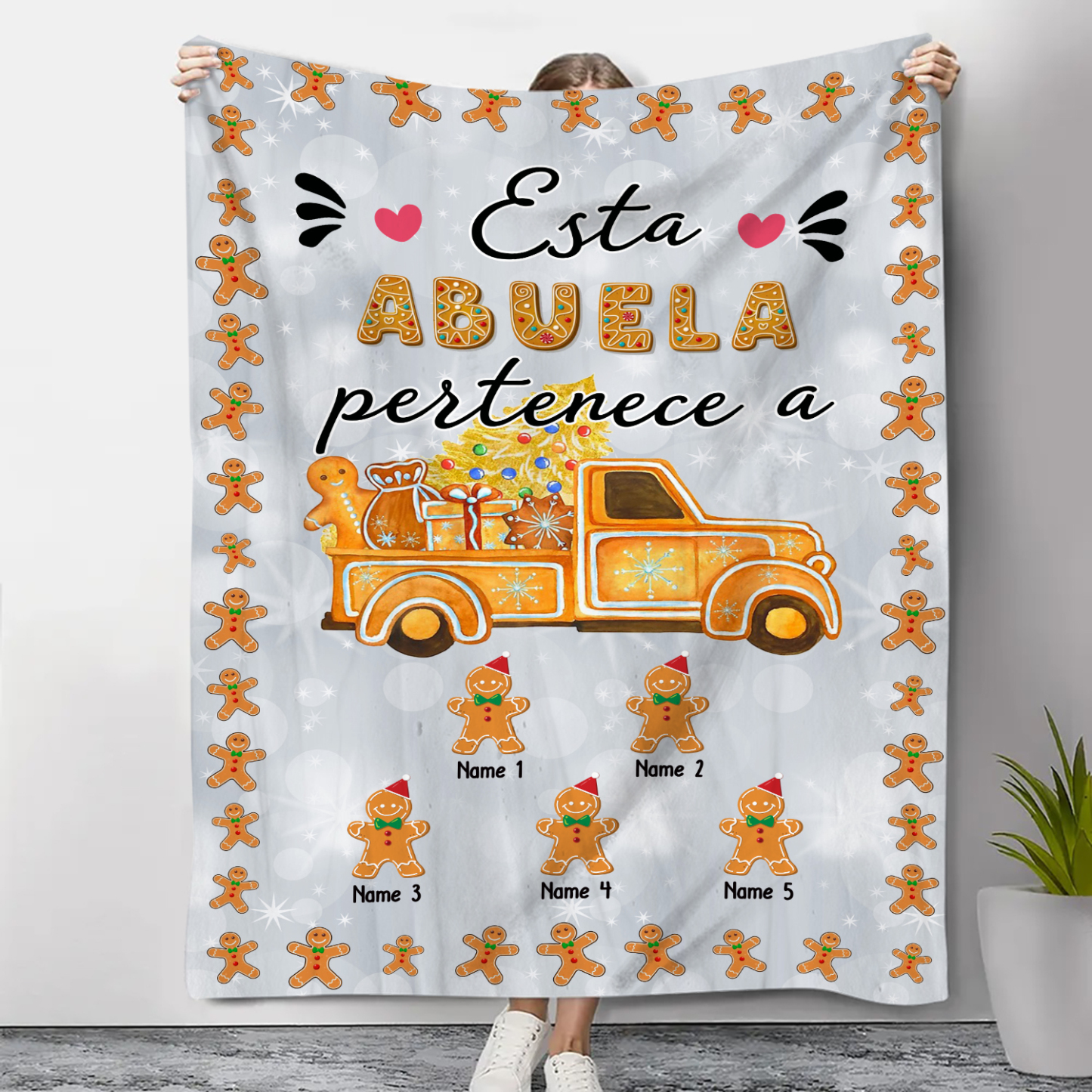 A mi abuela-Manta de buen calidad de Navidad hombres de jengibre personalizada con 5 nombres-Jessemade ES