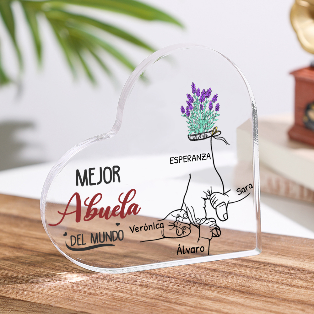 Abuela - Placa de acrílico en forma de corazón manos cogidas 2-7 nombres personalizados