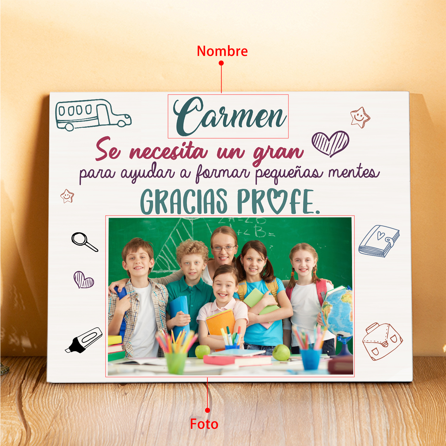 A mi profe-Lámina marco de madera Gracias Profe de 1 foto y 1 nombre-Jessemade ES
