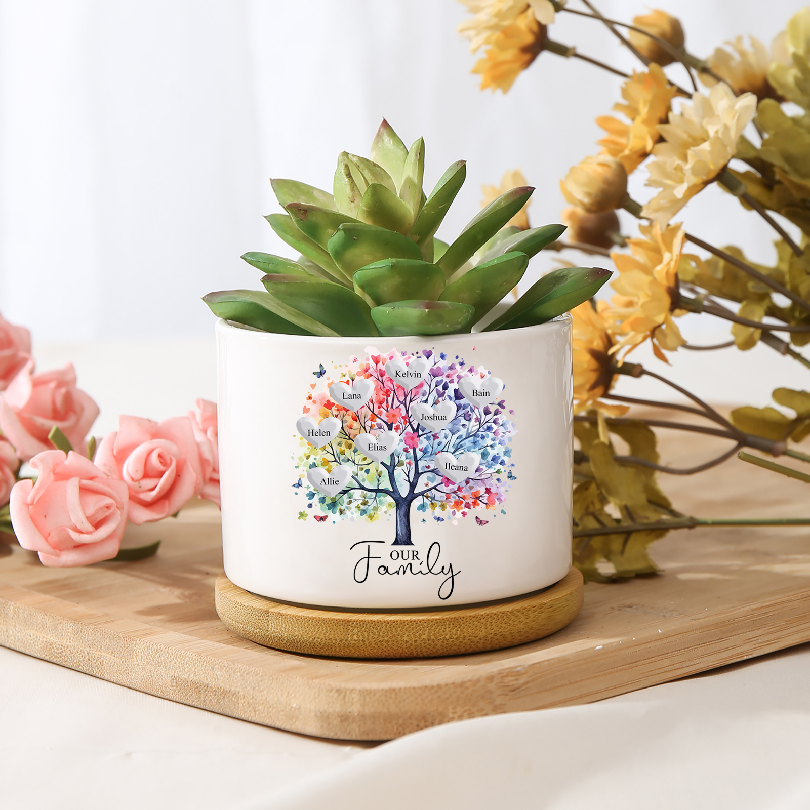 Florero con base de cerámica árbol de corazones 2-8 nombres personalizados con texto decoración del hogar-Jessemade ES