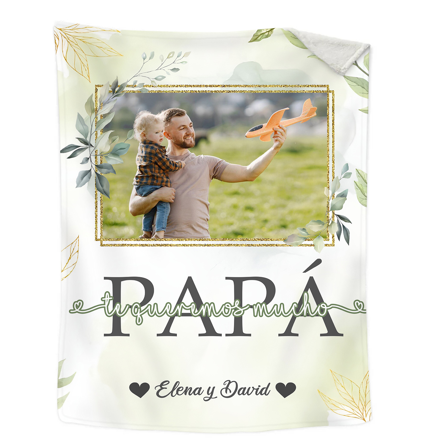 A mi padre de hij@s-Manta de buen calidad con hojas personalizada con 1 foto y 1 texto-Jessemade ES