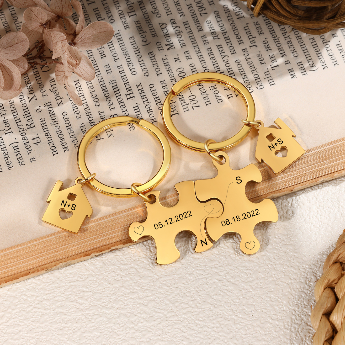 Llavero para pareja rompecabezas 2 letras personalizadas con fecha dije de casa-Jessemade ES