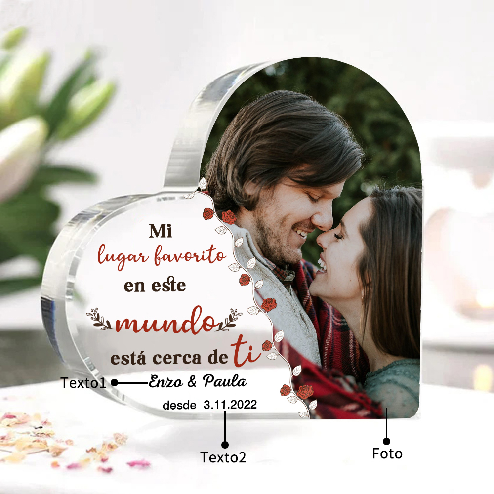 Placa de acrílico en forma de corazón con foto y 2 textos personalizados-Jessemade ES