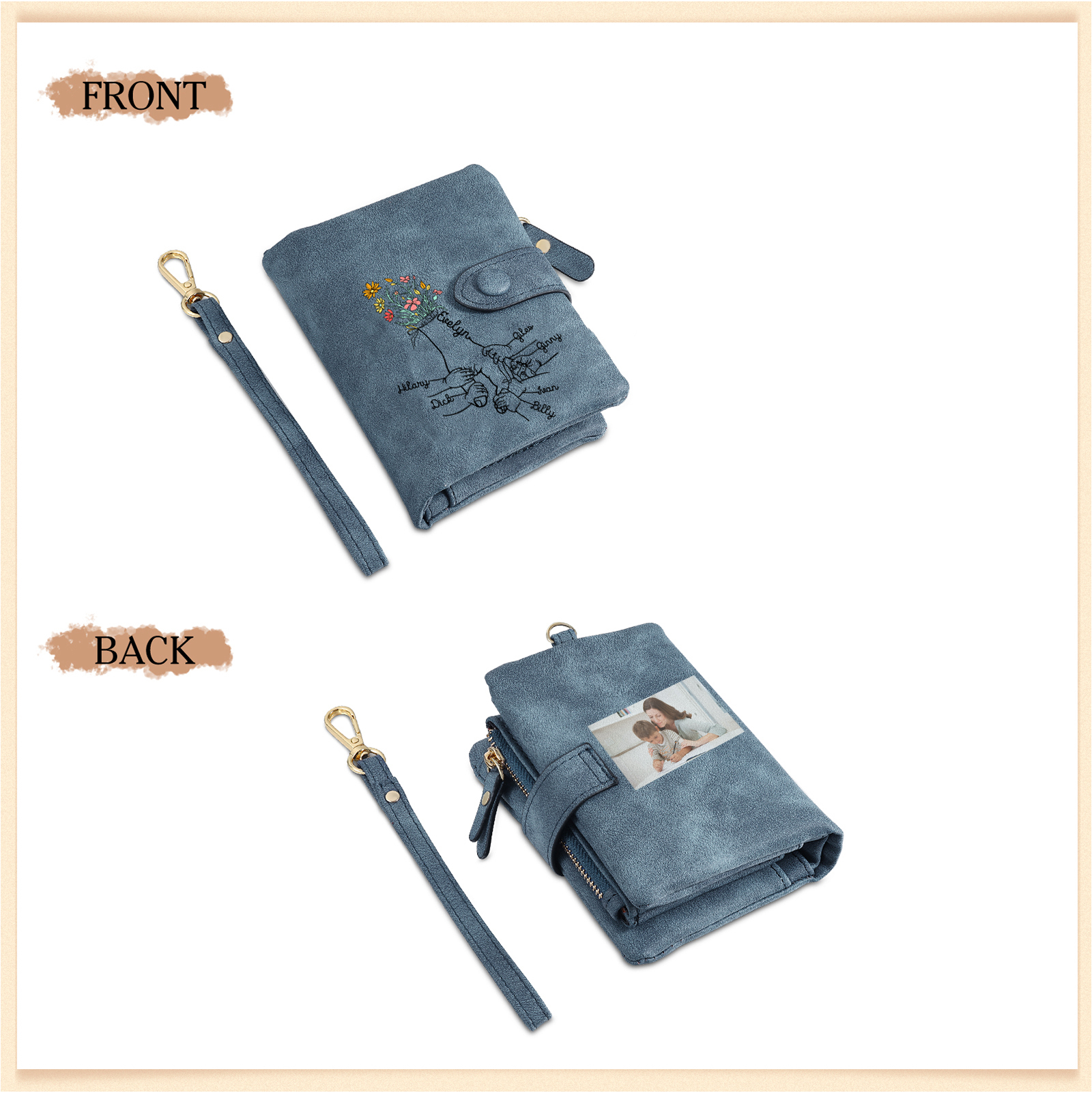 Cartera, billetera con 7 nombres y 1 foto personalizados mano con manito monedero clásico para mujer-Jessemade ES