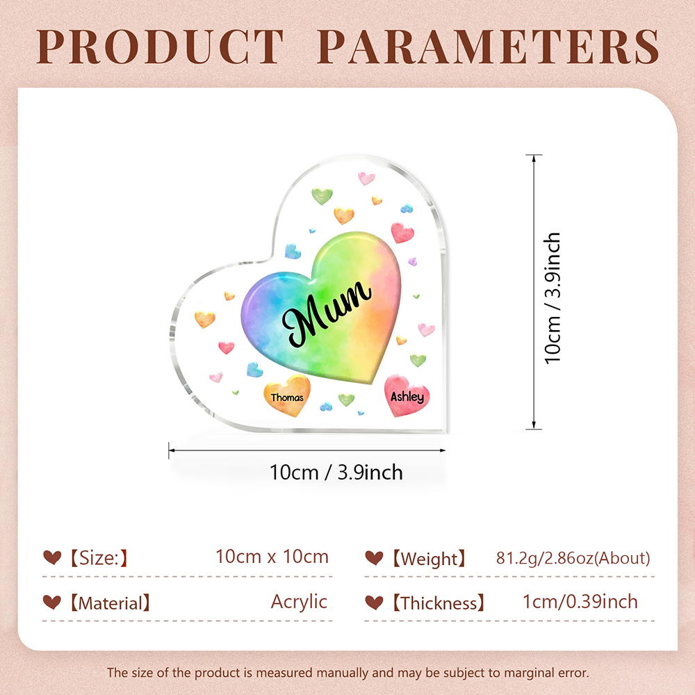 A mi mamá/abuela-Placa de acrílico "Corazones" en forma de corazón 2 nombres y 1 texto personalizados-Jessemade ES