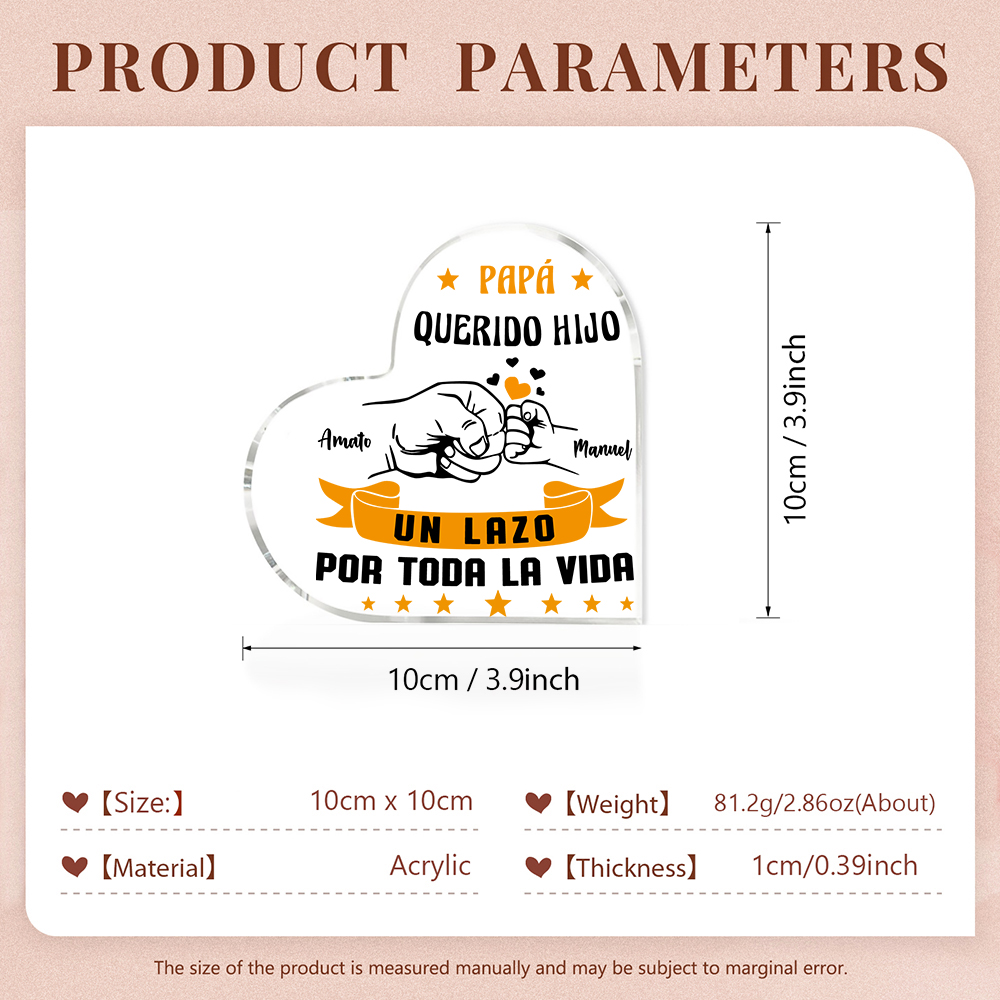 Placa de acrílico en forma de corazón puño con puño papá e hijo con 2 nombres personalizados-Jessemade ES