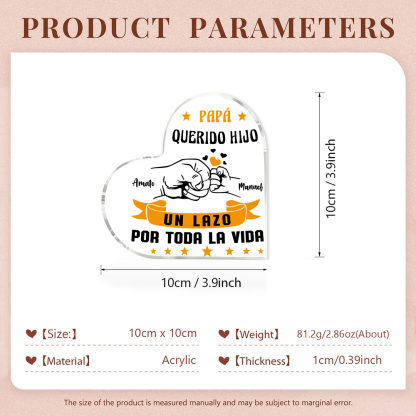 Placa de acrílico en forma de corazón puño con puño papá e hijo con 2 nombres personalizados-Jessemade ES