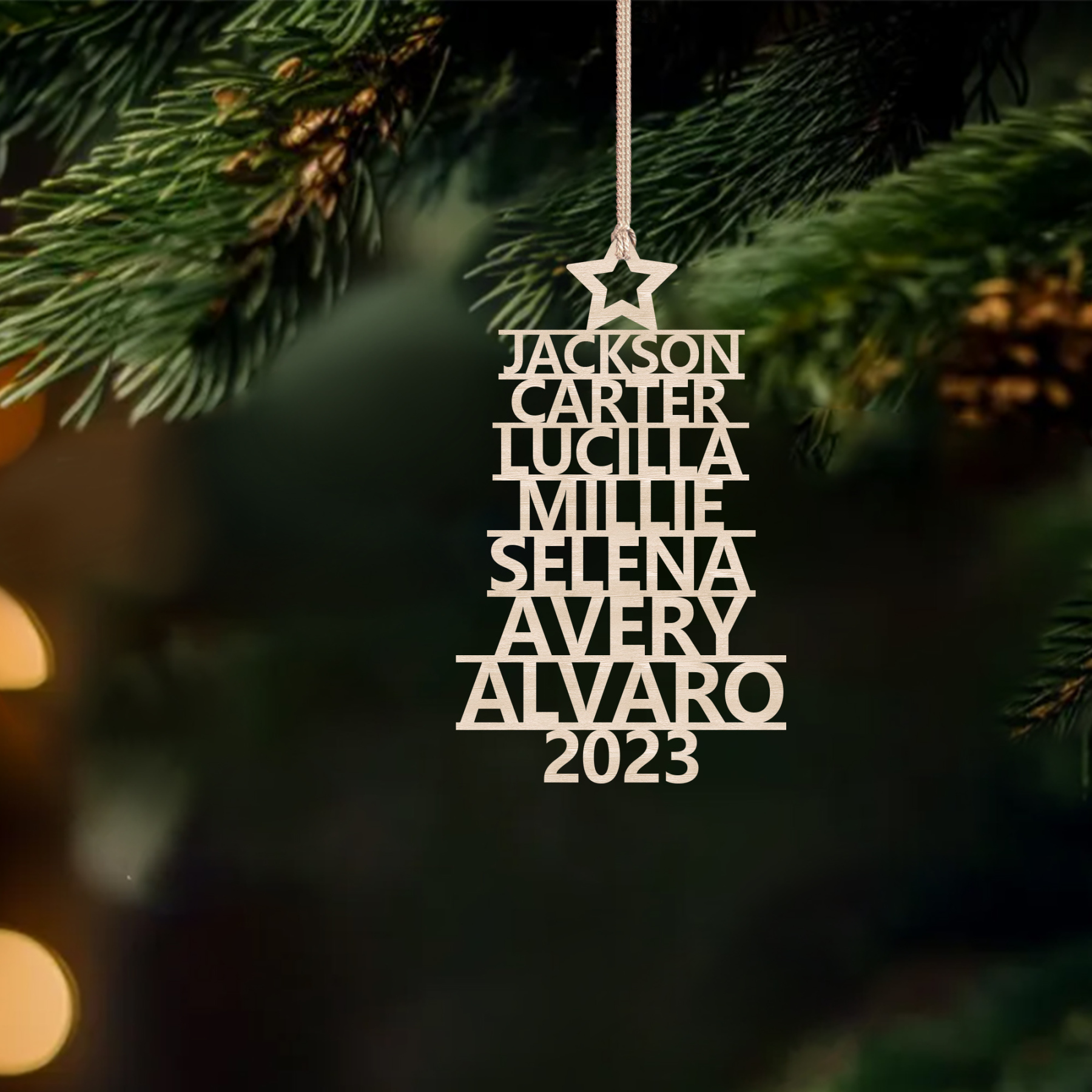 Navidad-Ornamento navideño de madera árbol de nombres con 7 nombres y año personalizados