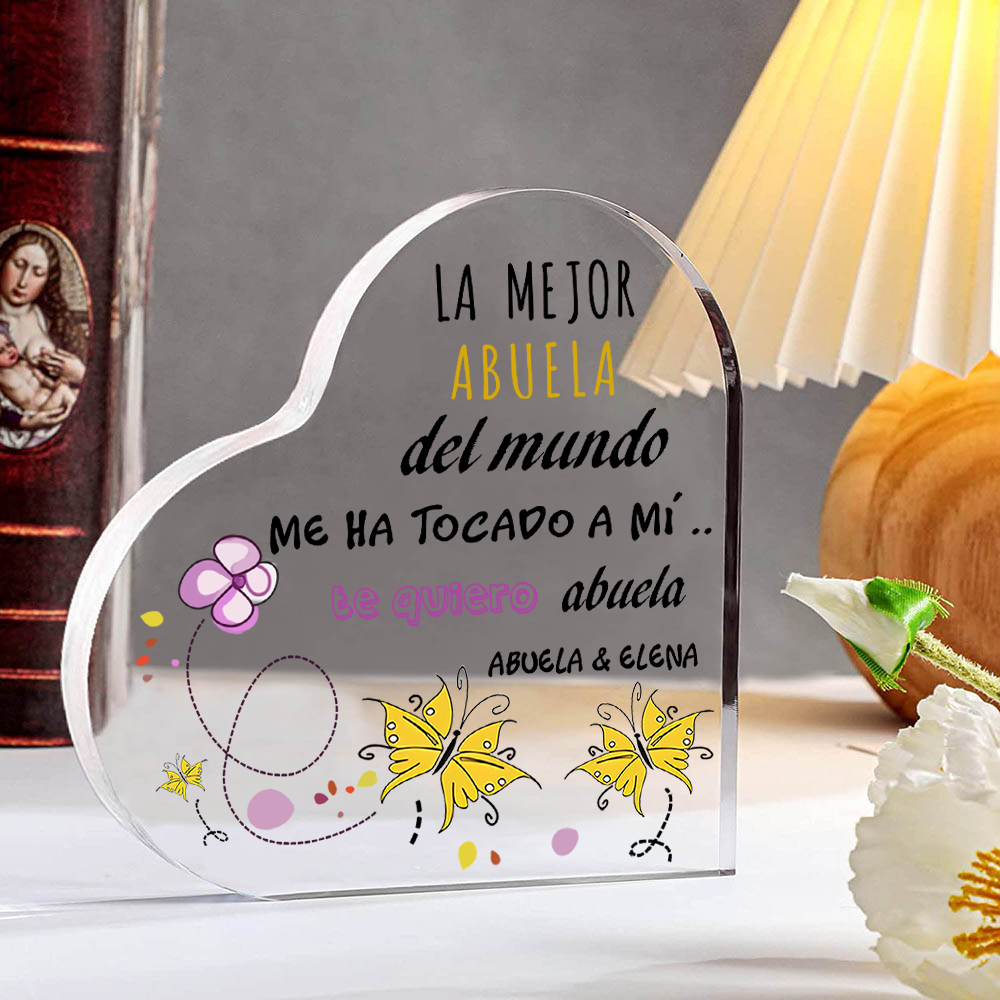 Abuela - Placa de acrílico en forma de corazón mariposas 2 nombres personalizados-Jessemade ES