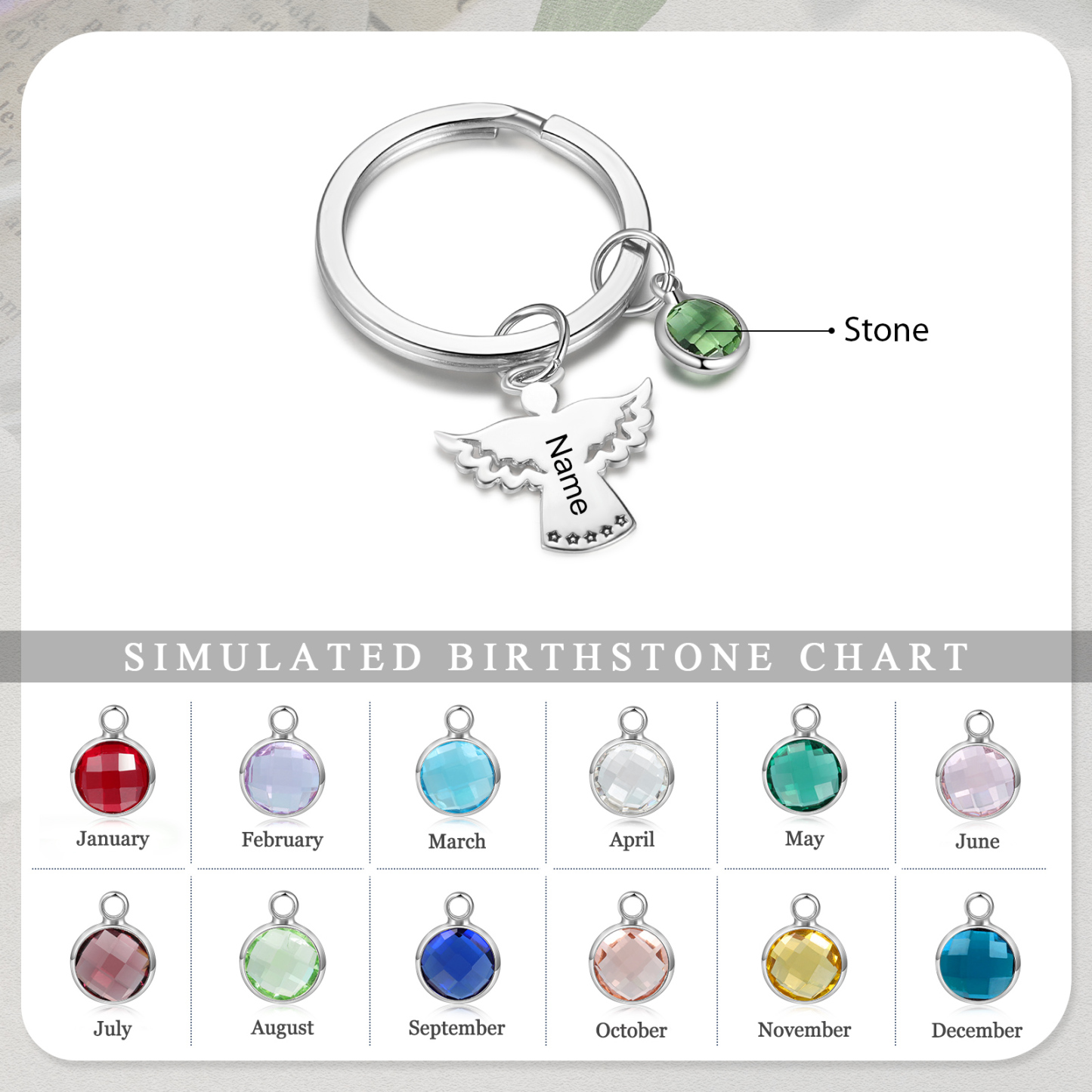 Llavero con colgante de ángel amuleto de guardia personalizado con 1 nombre y 1 piedra-Jessemade ES