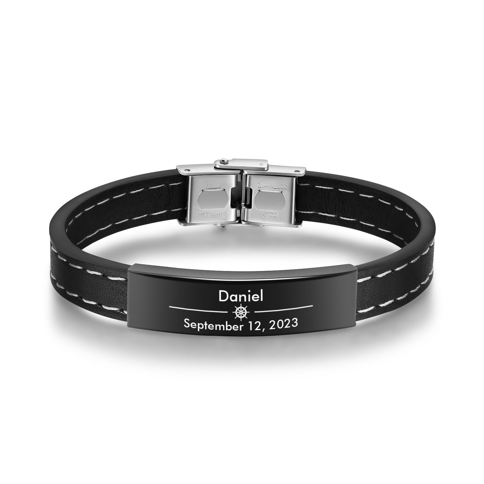 Pulsera de Cuero con Placa de Nombre y Fecha Personalizados -Jessemade ES