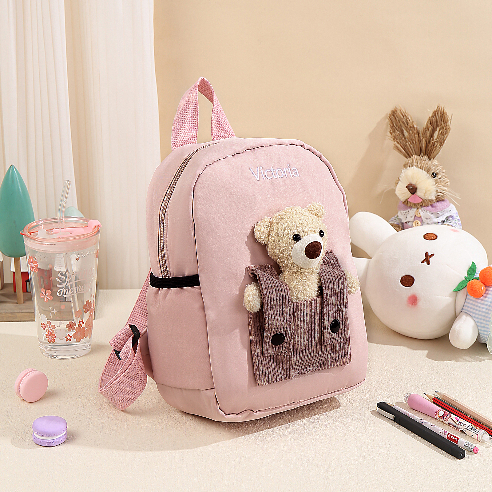 Mochilas escolares para los niños con peluche de oso con nombre personalizado bordado