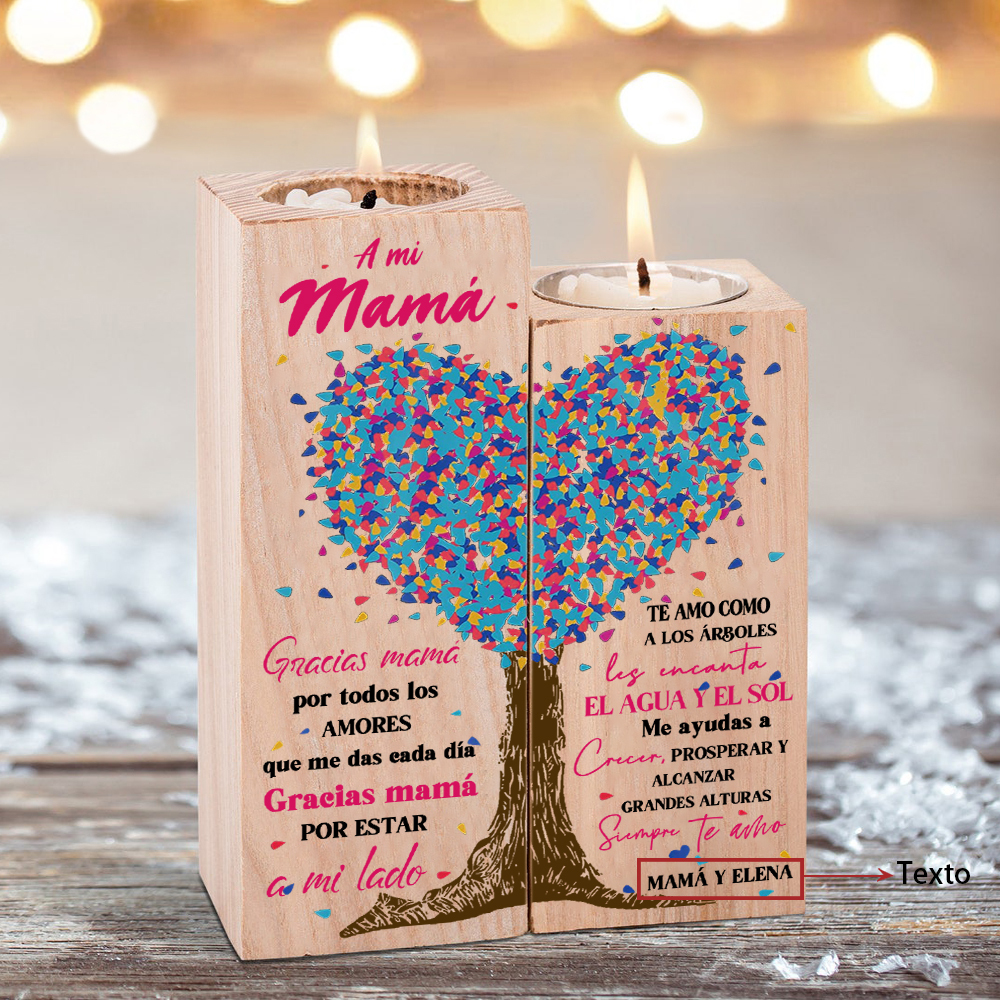 A mi mamá-Candelero de madera de dos piezas sin candela árbol de la vida 1 texto personalizado-Jessemade ES