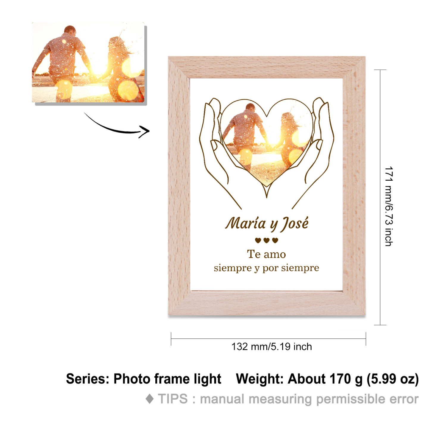 Marco con lámpara de 1 foto de madera para pareja 1 texto personalizado-Jessemade ES