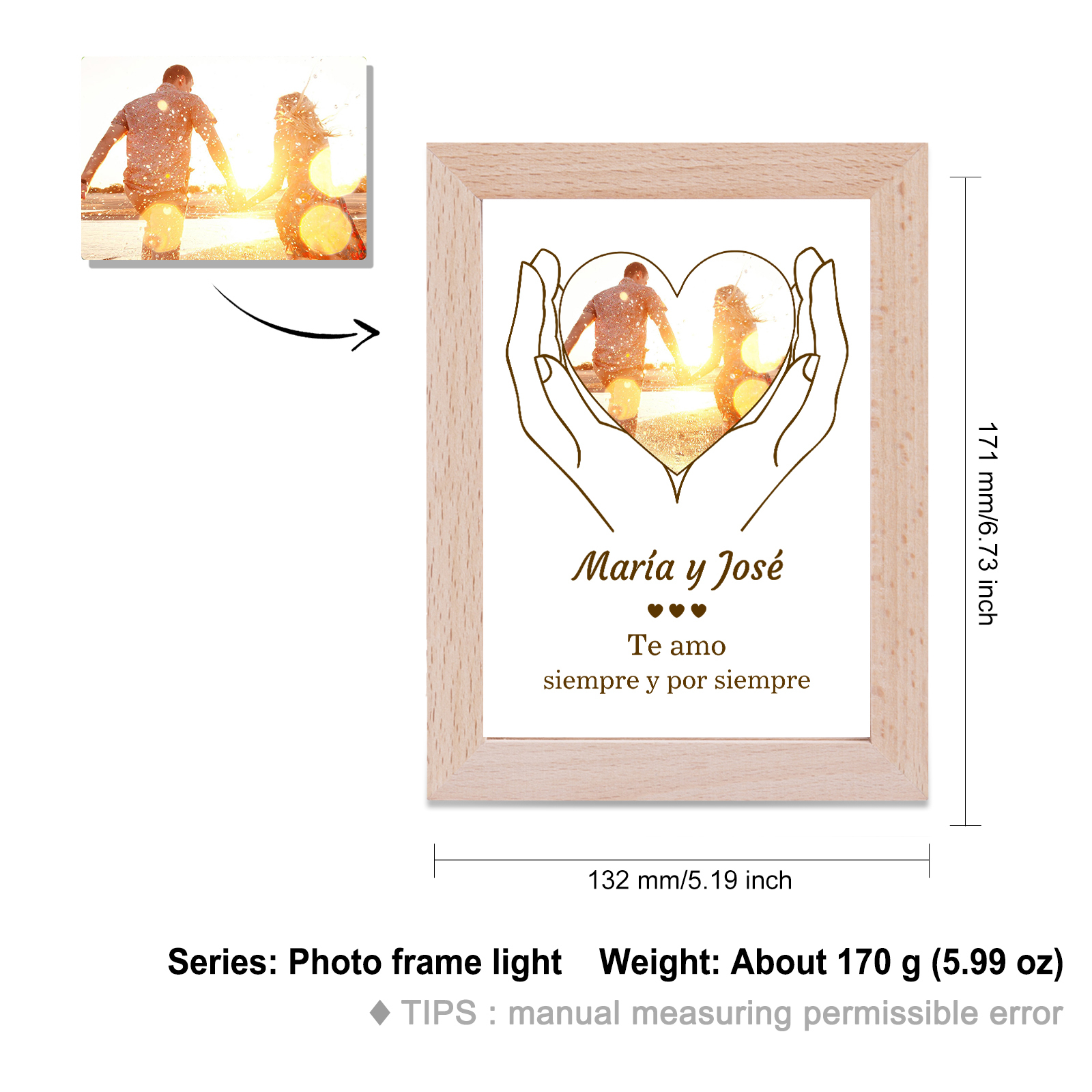 Marco con lámpara de 1 foto de madera para pareja 1 texto personalizado-Jessemade ES