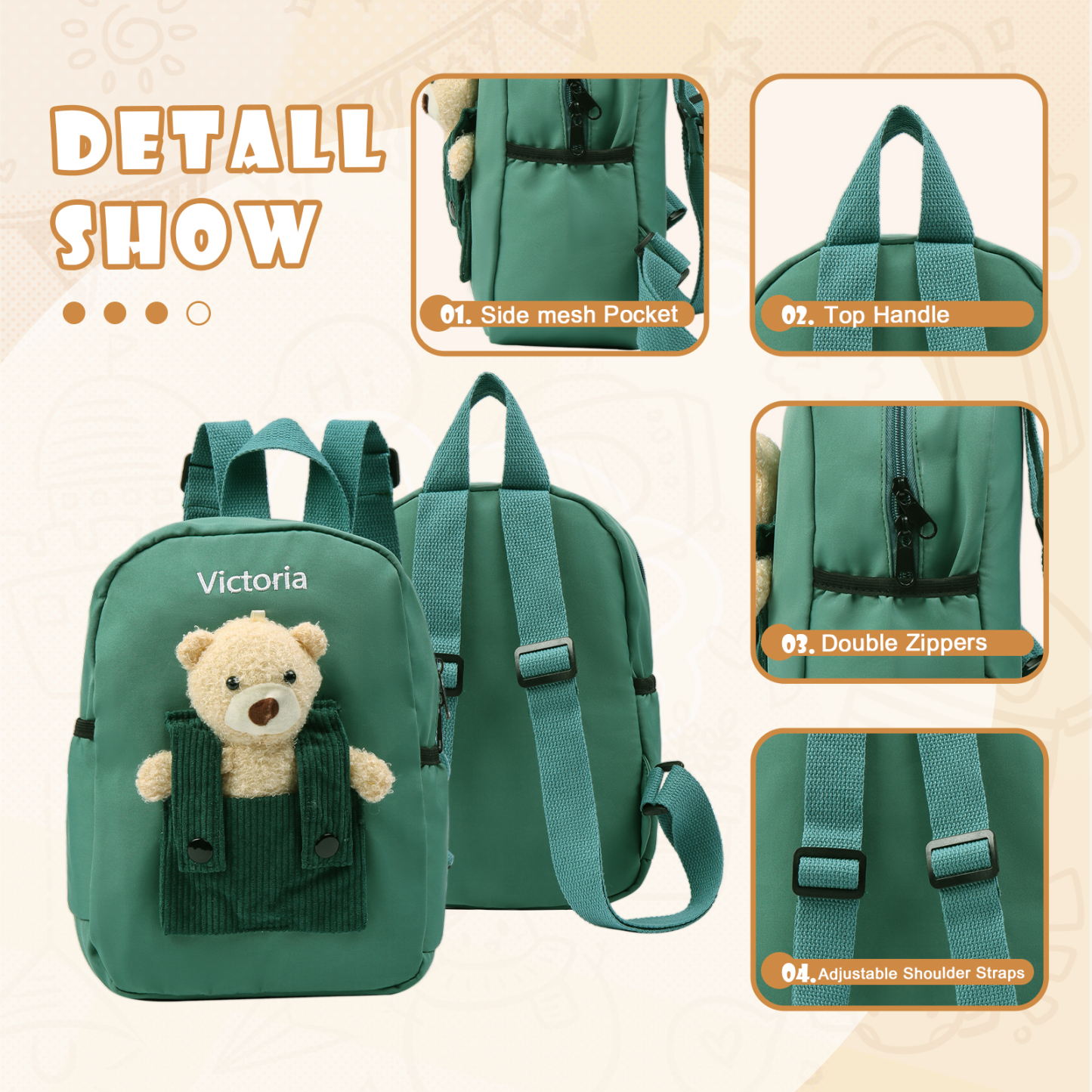 Mochilas escolares para los niños con peluche de oso con nombre personalizado bordado