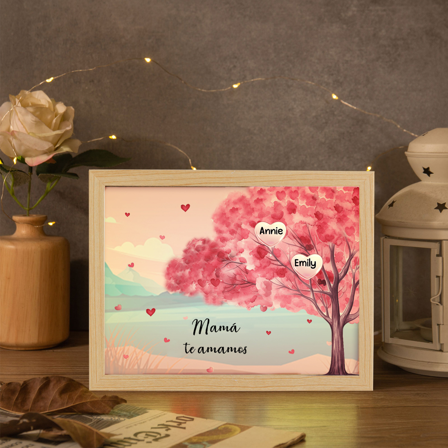 Marco con LED Árbol de la Vida 1-10 Nombres Personalizados con 1 Texto-Jessemade ES