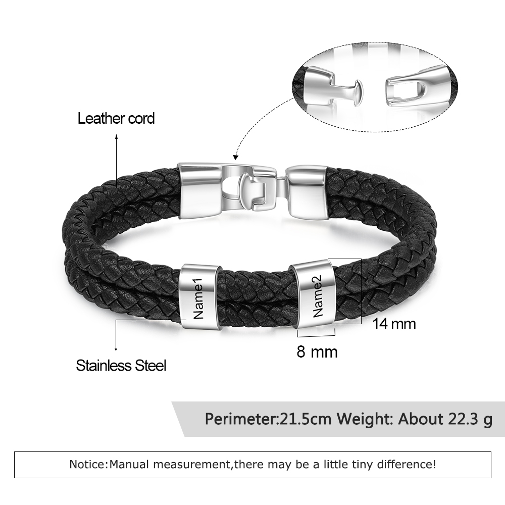 A mi papá-Pulsera de cuero trenzado 2 aros con 2 nombres personalizados pulsera de hombre -Jessemade ES