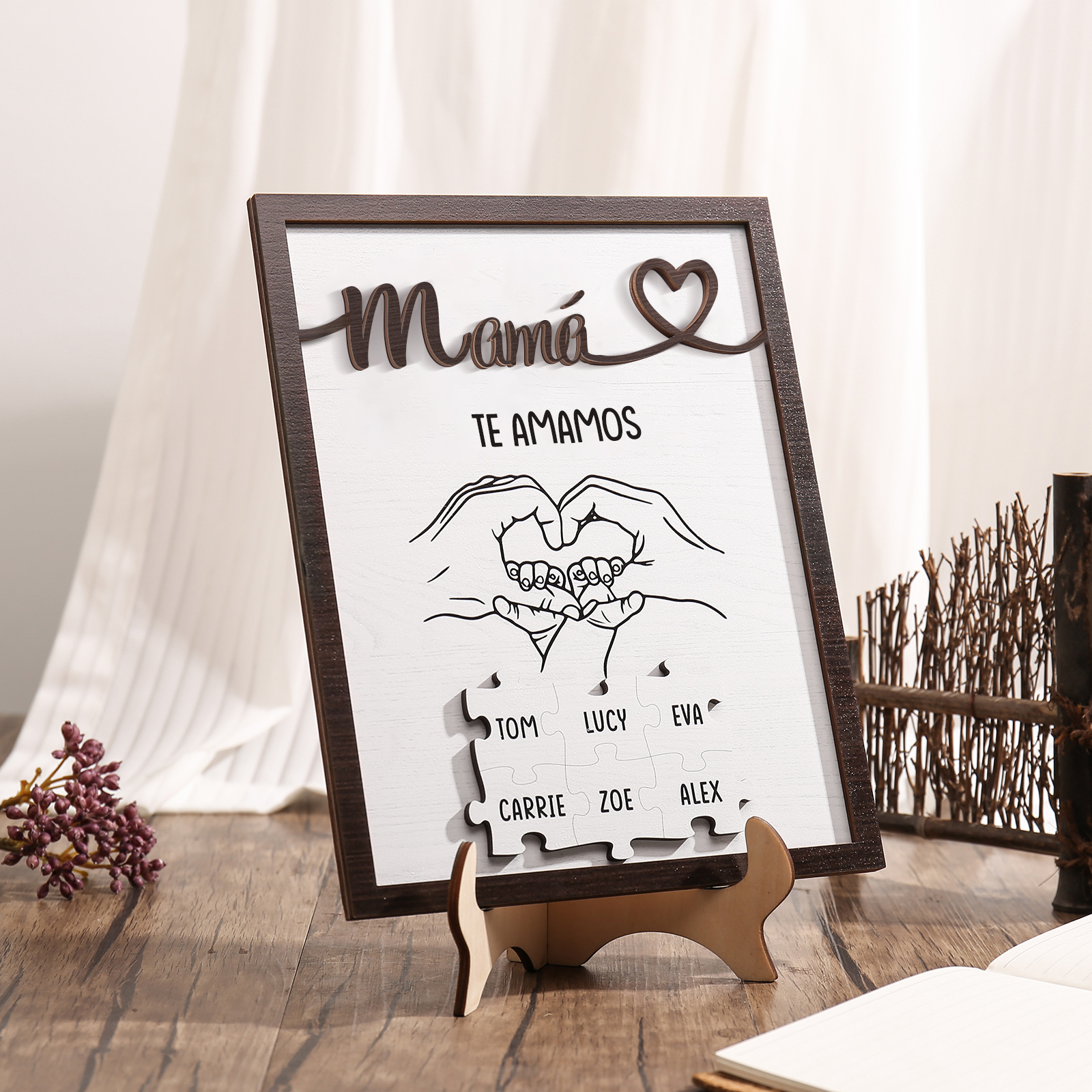 A mi mamá-Adorno 2-6 nombres y 1 texto personalizados decoración de madera rompecabezas-Jessemade ES