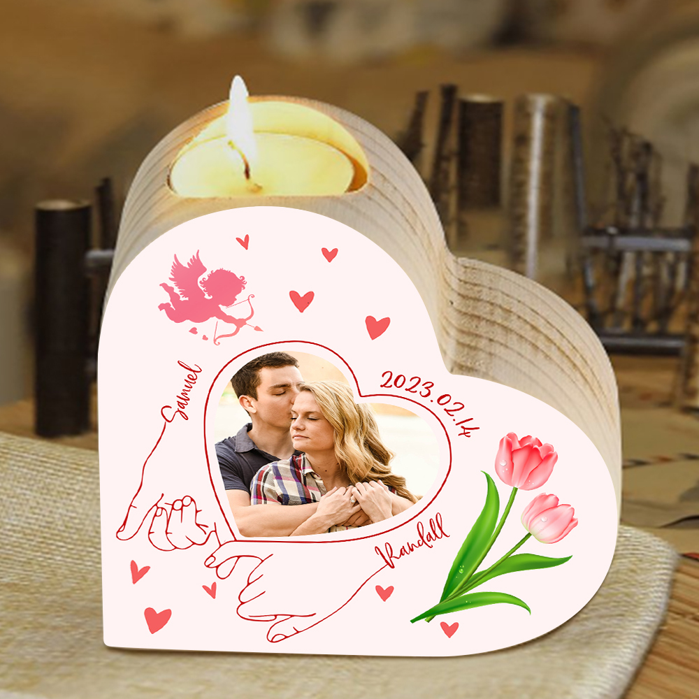 Candelero de madera para pareja con foto sin vela personalizado con nombres y fecha-Jessemade ES