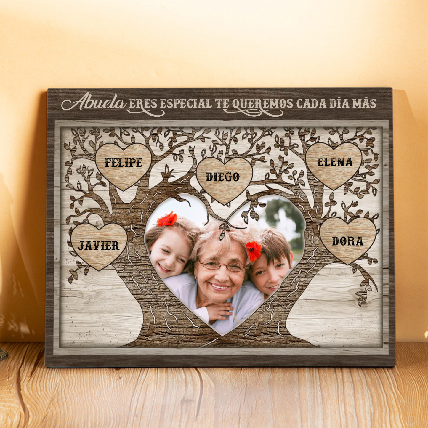 A familia - Lámina 2-9 nombres y 1 foto personalizados marco de madera árbol de la vida-Jessemade ES