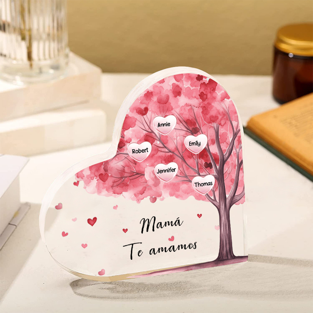 A mi mamá/abuela-Placa de acrílico "Árbol" en forma de corazón 5 nombres y 1 texto personalizados-Jessemade ES