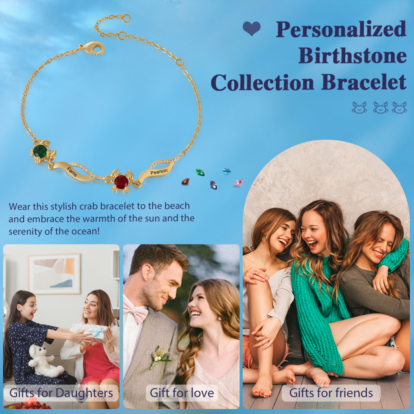 Pulsera con dije de cangrejo para mujer personalizada con 2 nombres y 2 piedras de nacimiento-Jessemade ES