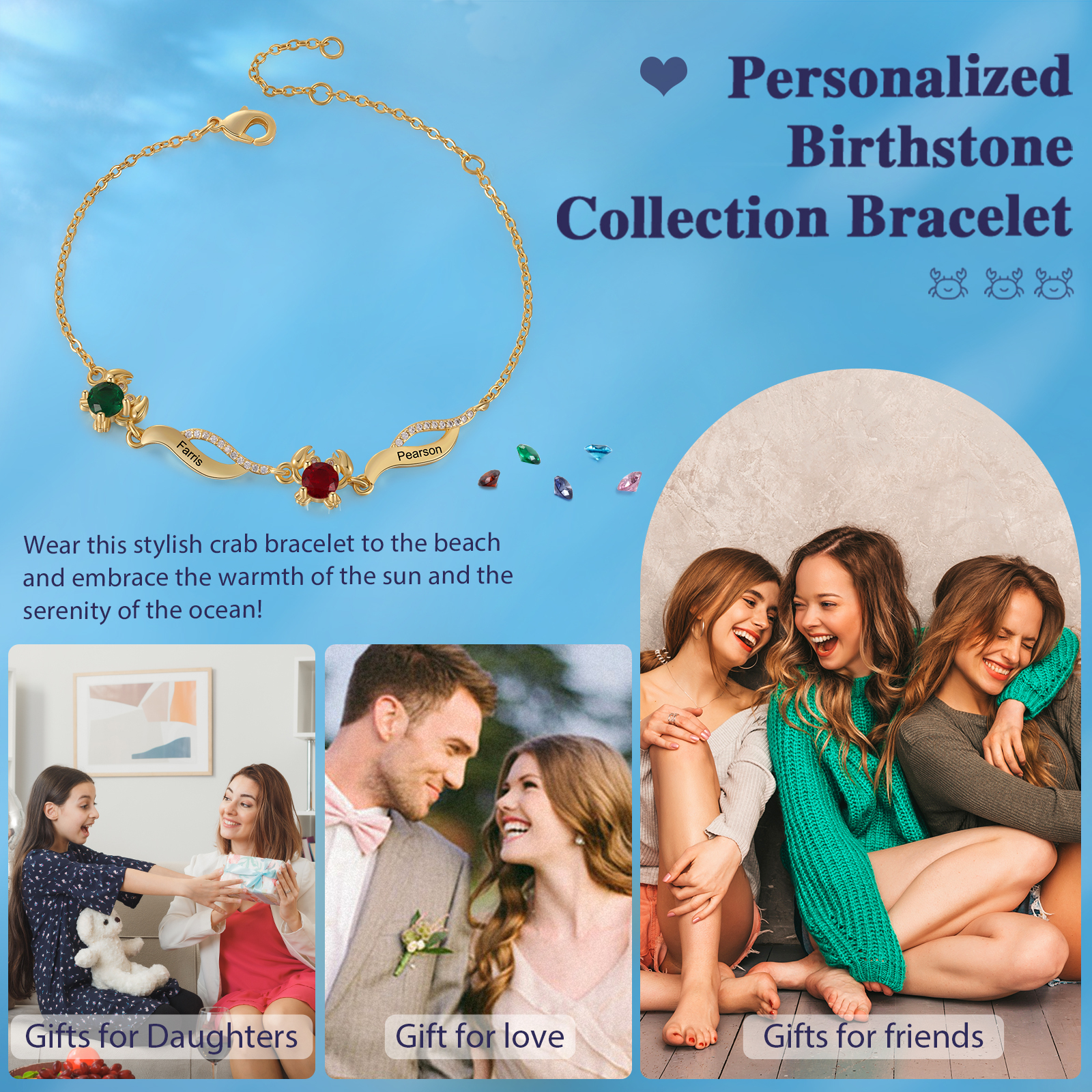 Pulsera con dije de cangrejo para mujer personalizada con 2 nombres y 2 piedras de nacimiento-Jessemade ES