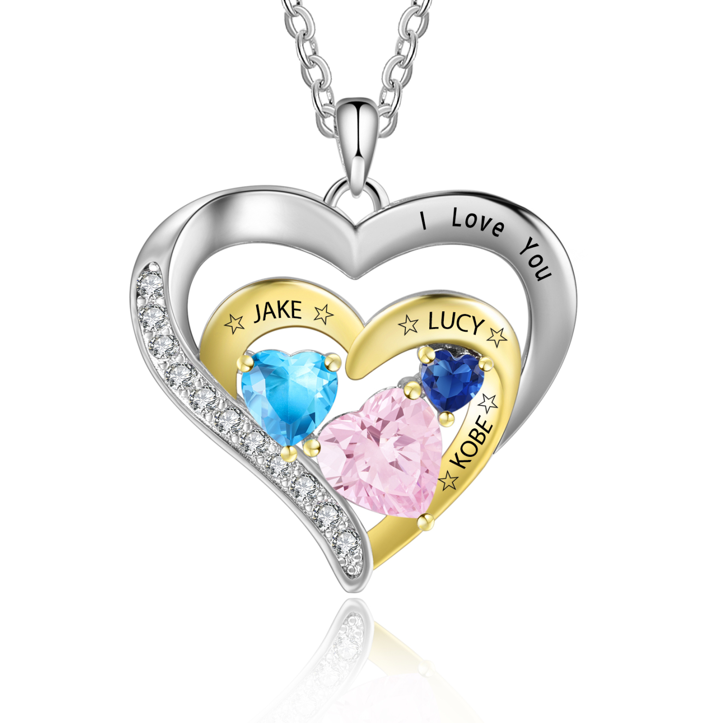 Collar en corazón con 1-3 nombres personalizados, 1-3 piedras de nacimiento y 1 texto-Jessemade ES